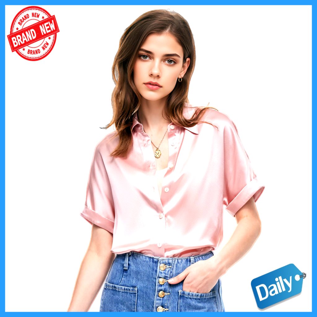 Pure Silk Short Sleeve Button Down Blouse Relaxed Fit V-Neck Tops